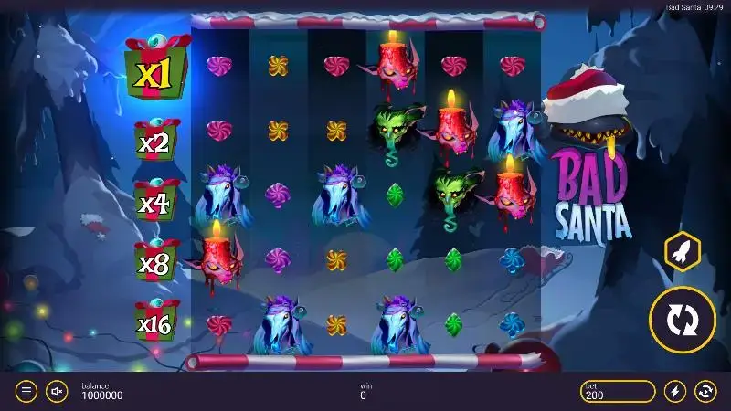 Bad Santa slot base game with monster symbols and multiplier ladder