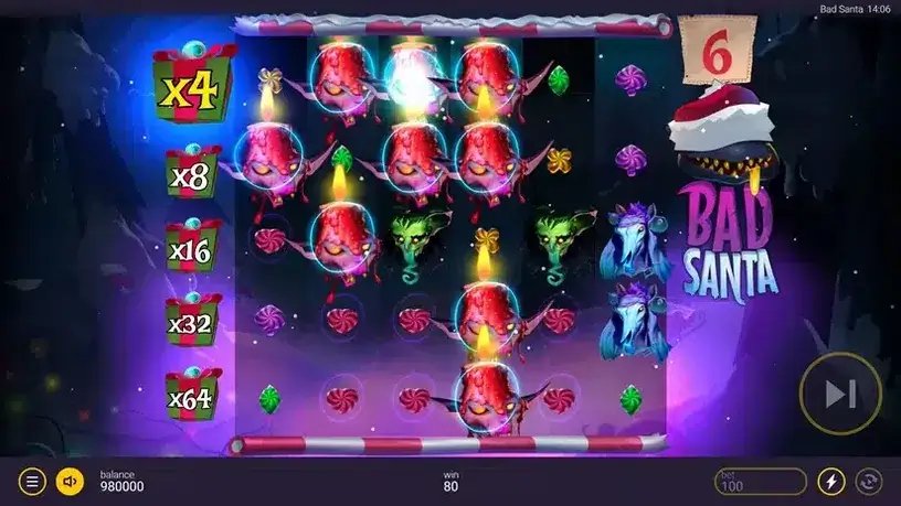 Bad Santa slot cascade sequence with high multiplier active